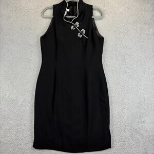 Y2k Dress 14P Black Floral Asian Oriental Mandarin Collar Sleeveless Evan Picone
